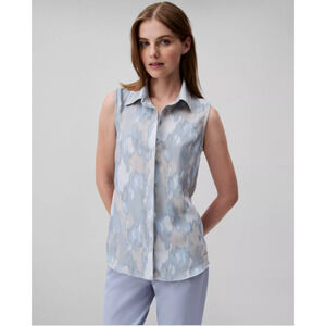 Calvin Klein Women's Sleeveless Printed Button-Down Blouse Tofu Size XS 15653